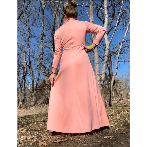 Vintage 60s Peach Coral Polyester A Line Long Sleeve Maxi Dress - Picture 2 of 9